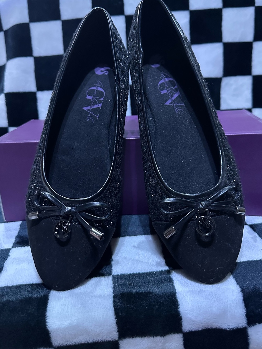 Gloria Vanderbilt Black Tweed Ballet Flats Bow Cap Toe Slip On Shoes 7
